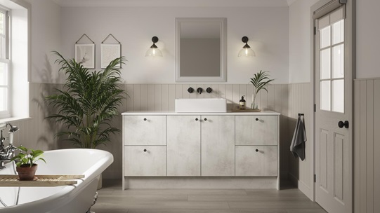 A Hockley bathroom with white, textured stone-effect cabinets & black hardware. It has painted wall panels  & oak flooring.  