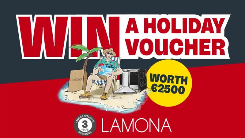 Win a holiday voucher worth 2500 euros sponsored by Lamona appliances. A man sitting in a deck chair on the beach with a palm tree and Lamona appliances.