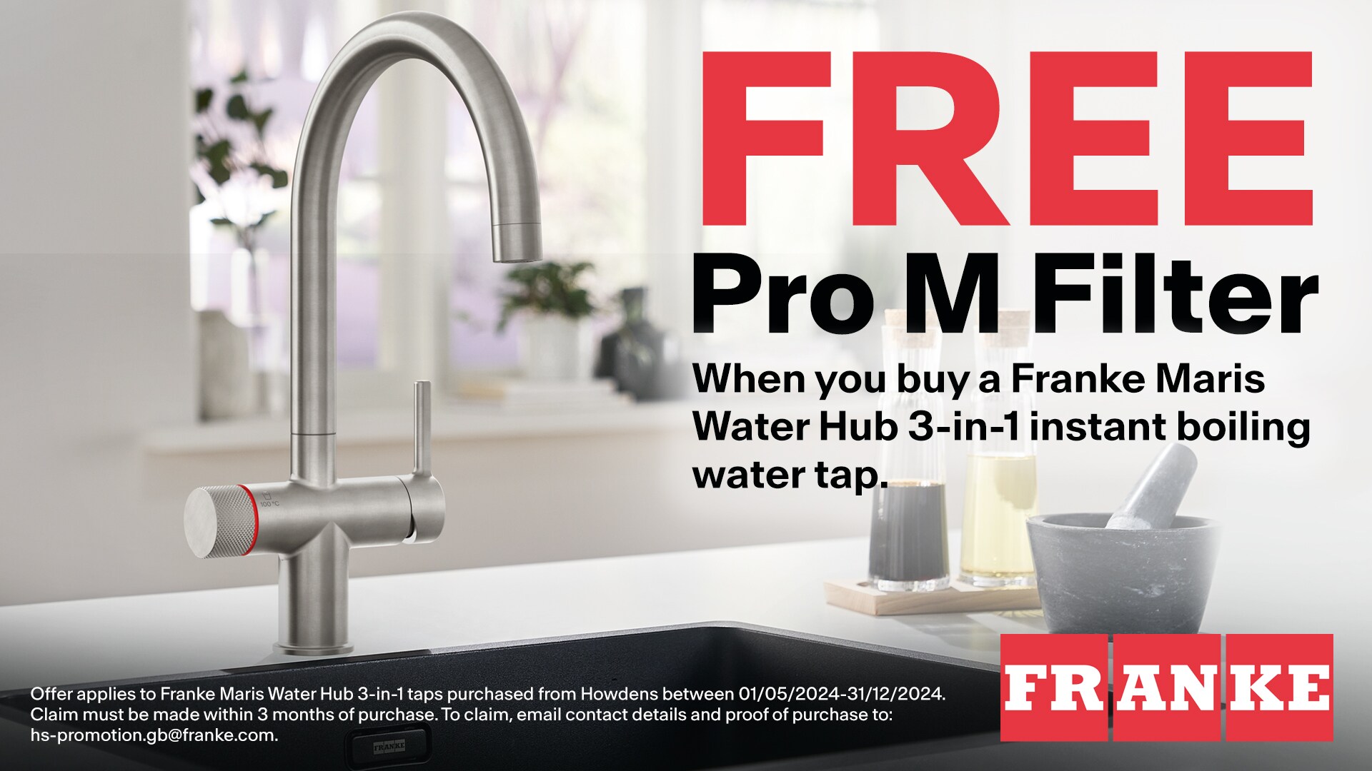 Free pro M filter when you buy a Franke Maris Water Hub 3 in 1 instant boiling water tap.