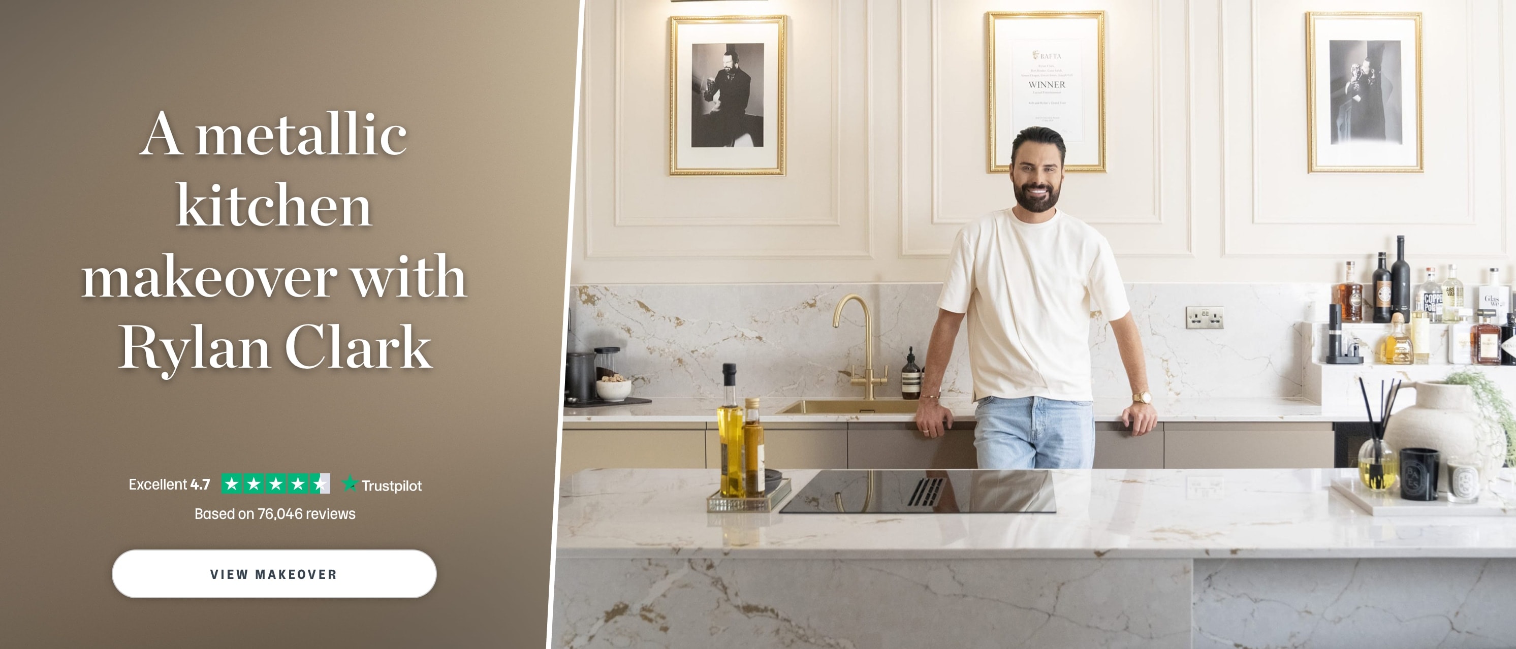A metallic kitchen makeover with Rylan Clark. Rylan standing in his new kitchen. View the makeover. 