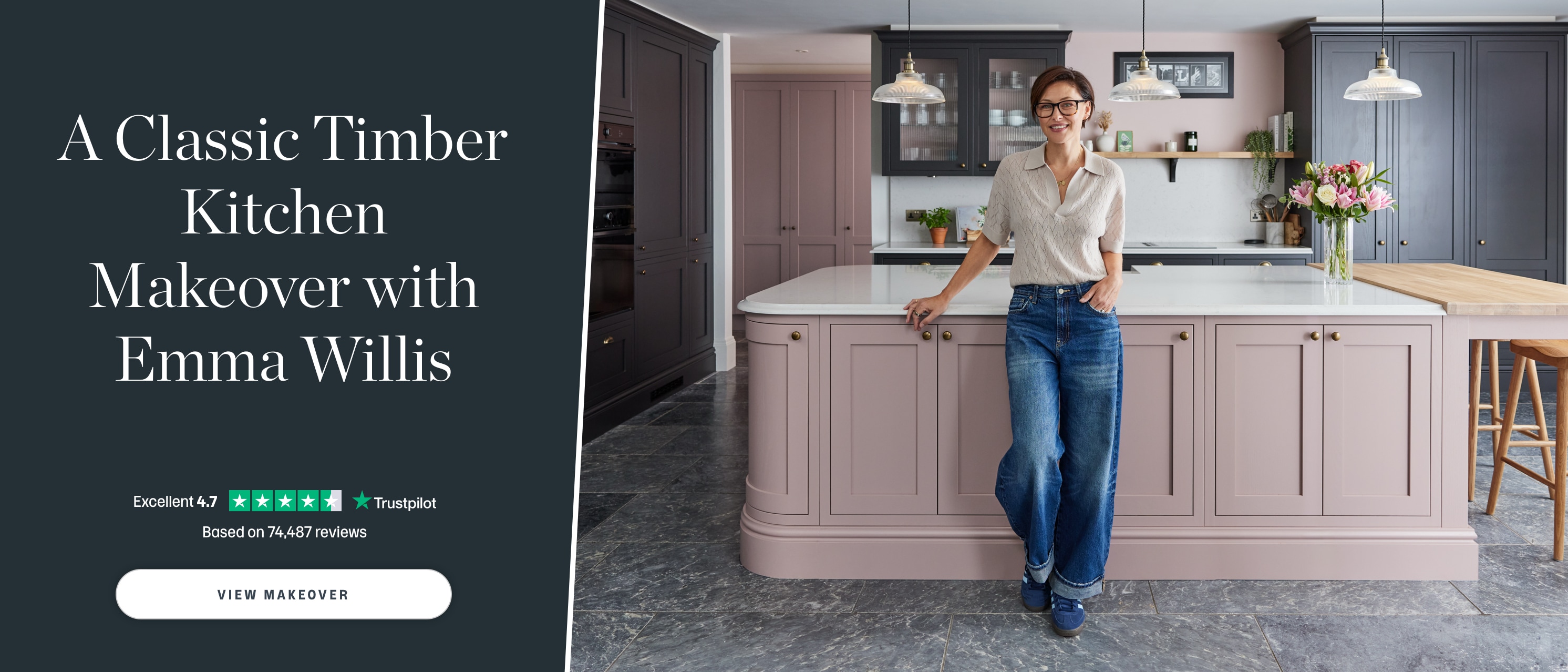 Emma Willis' timeless kitchen makeover. Emma standing in her kitchen with pink and grey cupboards. Click to view makeover.