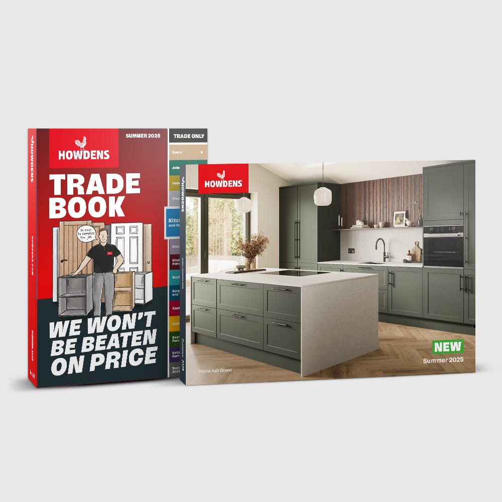 Howdens Summer 2025 Trade Book and Frome kitchen brochure featuring a modern shaker kitchen in ash green.