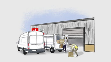 Illustration showing a depot with a white van and people loading boxes into the boot.
