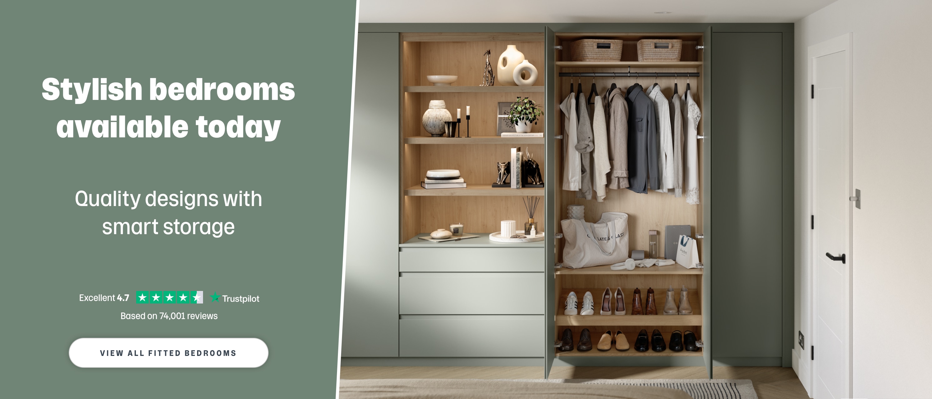 Stylish bedrooms available today, quality designs with smart storage, view fitted bedrooms
